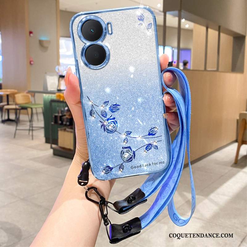 Coque Huawei Nova 12 SE Fleurs et Strass à Lanière