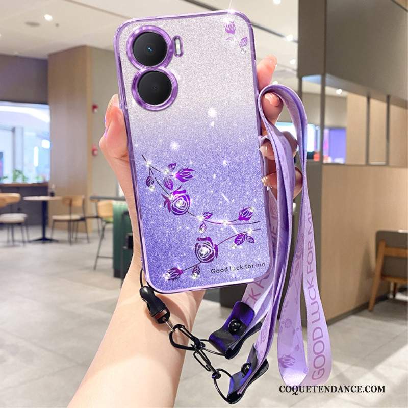 Coque Huawei Nova 12 SE Fleurs et Strass à Lanière