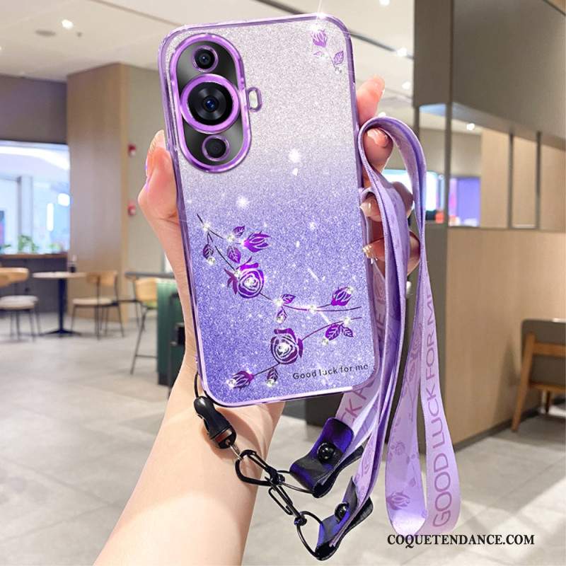 Coque Huawei Nova 12S Fleurs et Strass à Lanière KADEM