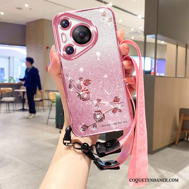 Coque Huawei Pura 70 Pro Fleurs et Strass avec Lanière