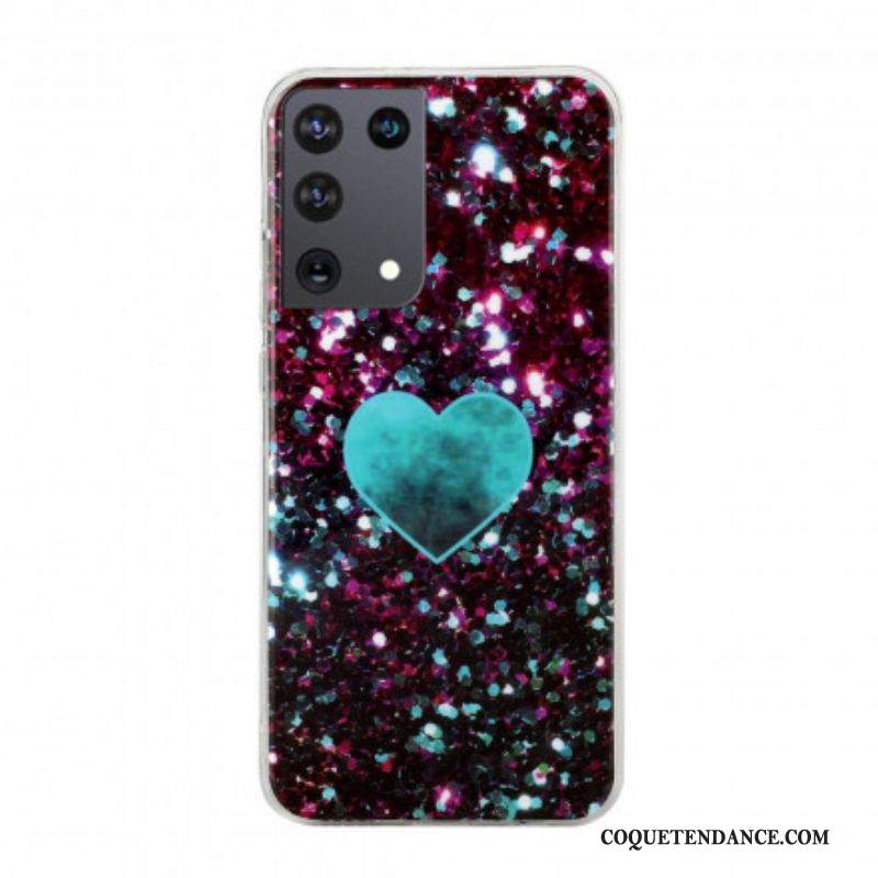 Coque Samsung Galaxy S21 Ultra 5G Coeur Marbre Paillettes