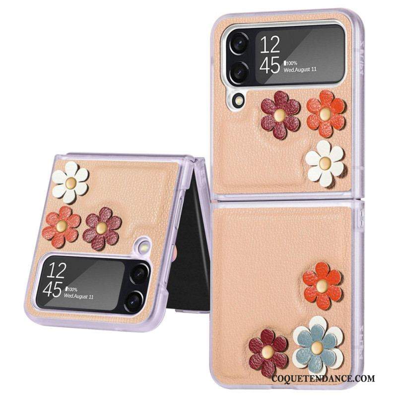 Coque Samsung Galaxy Z Flip 4 Simili Cuir Fleurs