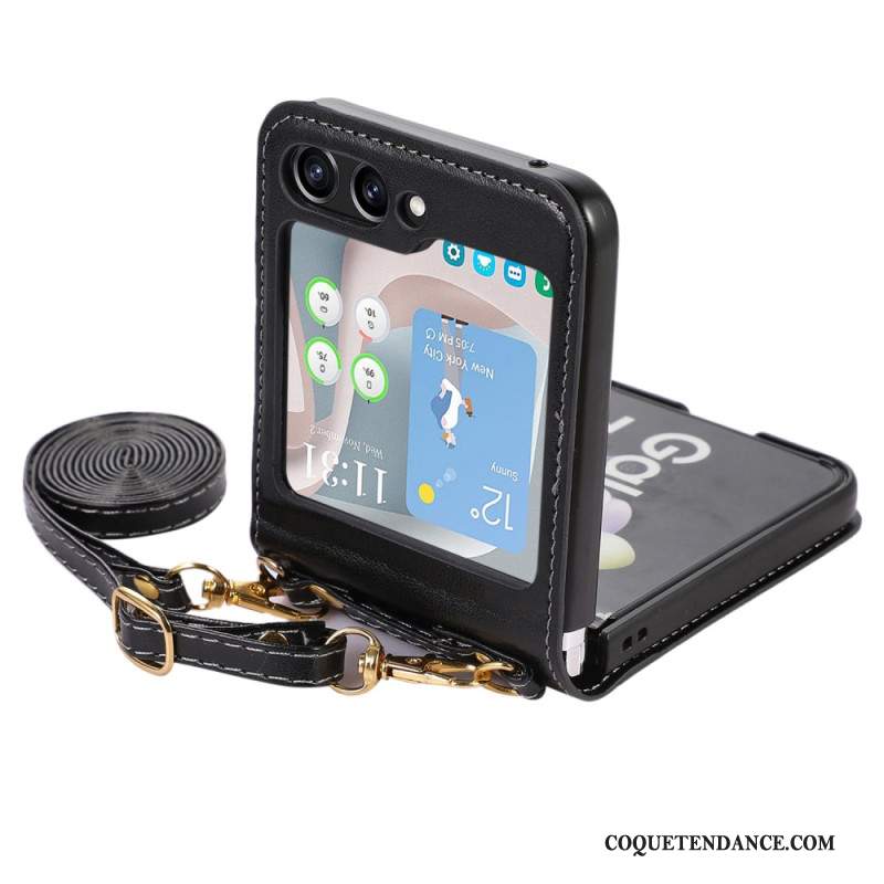 Coque Samsung Galaxy Z Flip 5 Style Cuir Porte-Cartes et Bandoulière