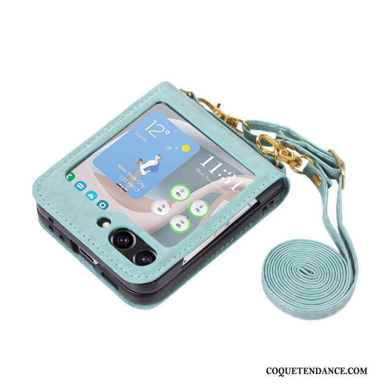 Coque Samsung Galaxy Z Flip 5 Style Cuir Porte-Cartes et Bandoulière