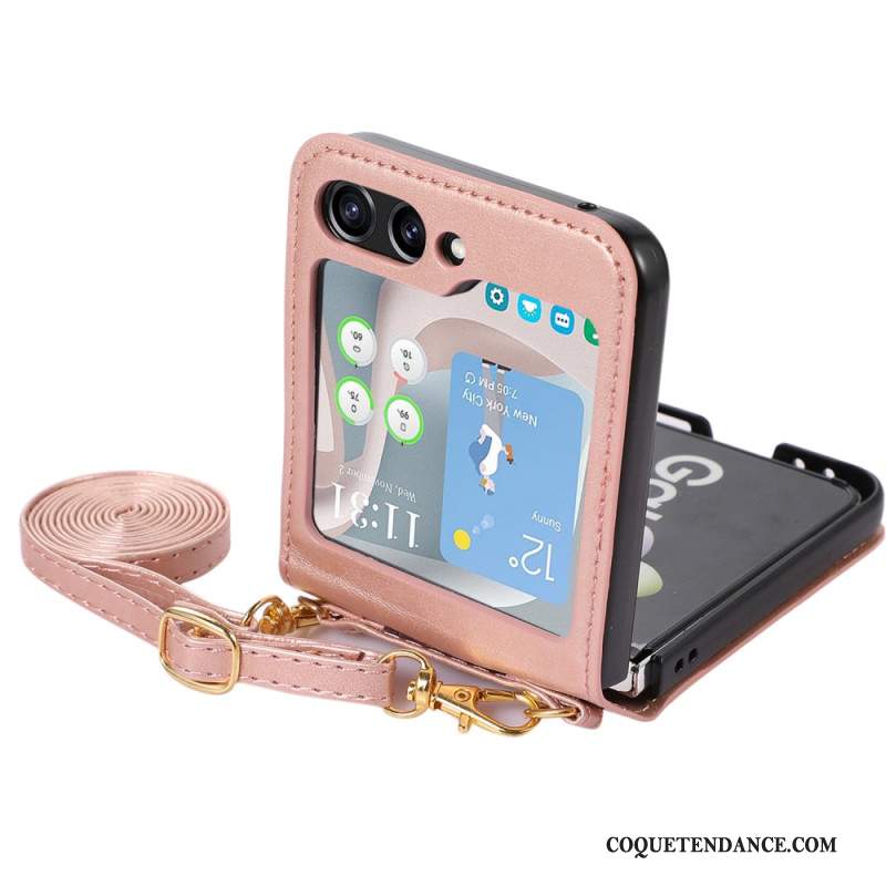 Coque Samsung Galaxy Z Flip 5 Style Cuir Porte-Cartes et Bandoulière