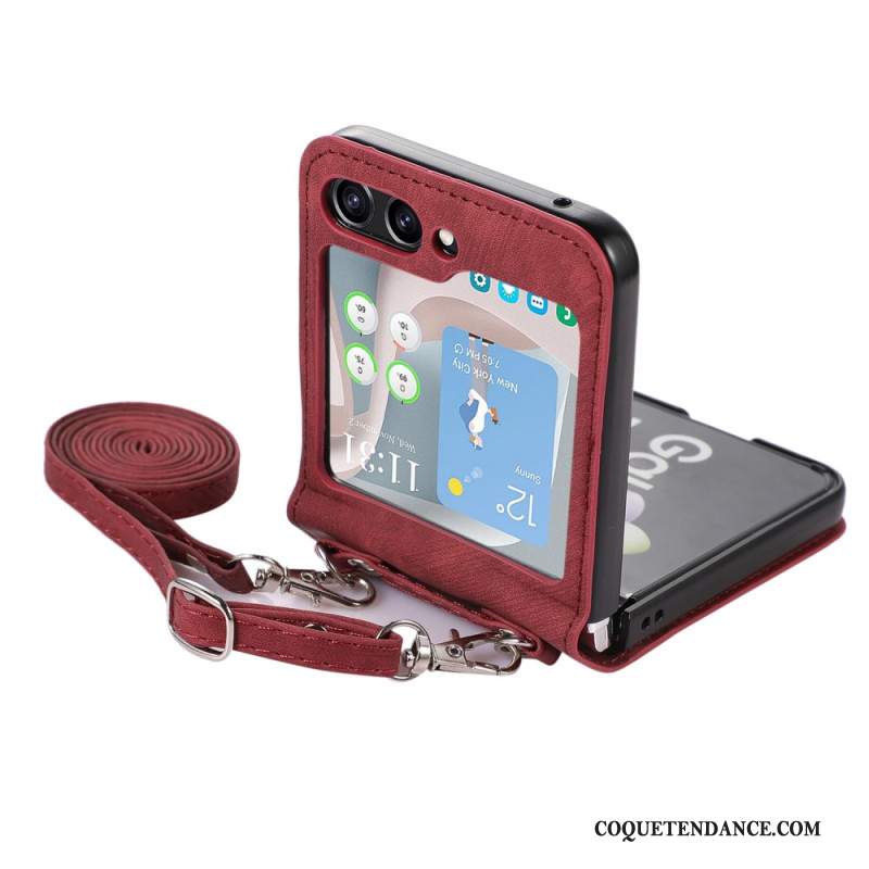 Coque Samsung Galaxy Z Flip 5 Style Cuir Porte-Cartes et Bandoulière