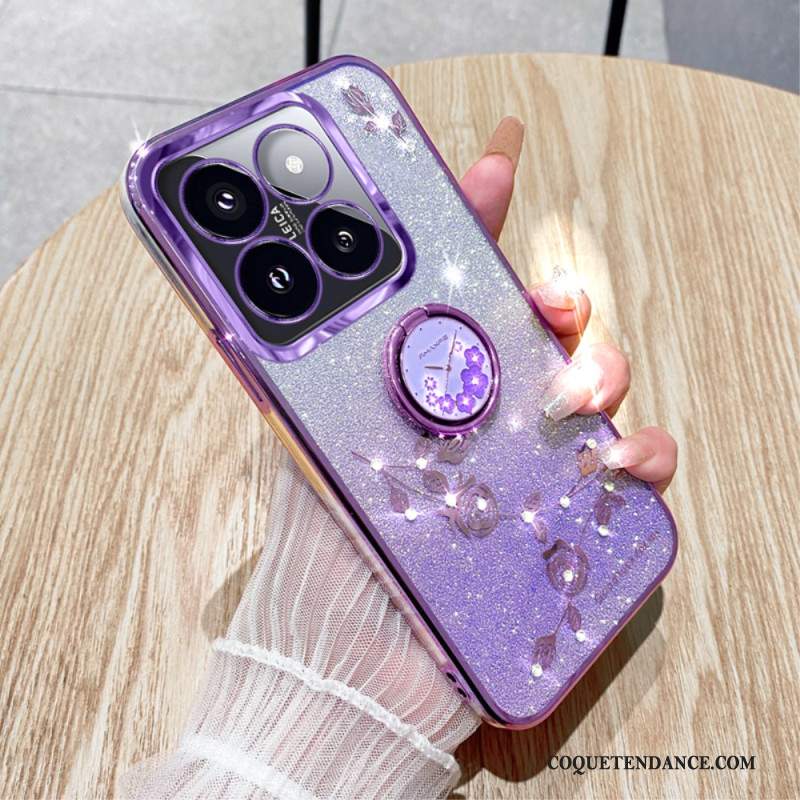 Coque Xiaomi 14T Pro Anneau-Support Strass et Fleurs KADEM