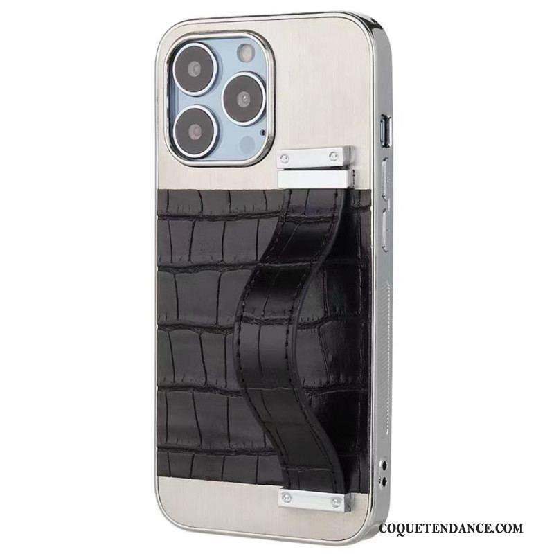 Coque iPhone 14 Simili Cuir Crocodile avec Sangle Support