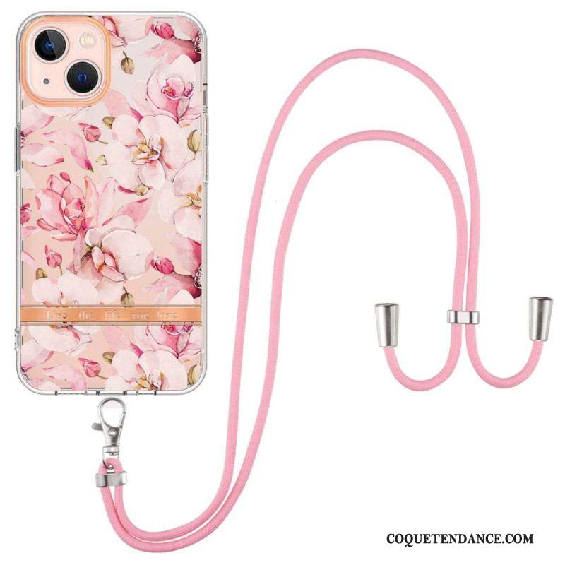 Coque iPhone 15 Plus à Cordon Fleurs