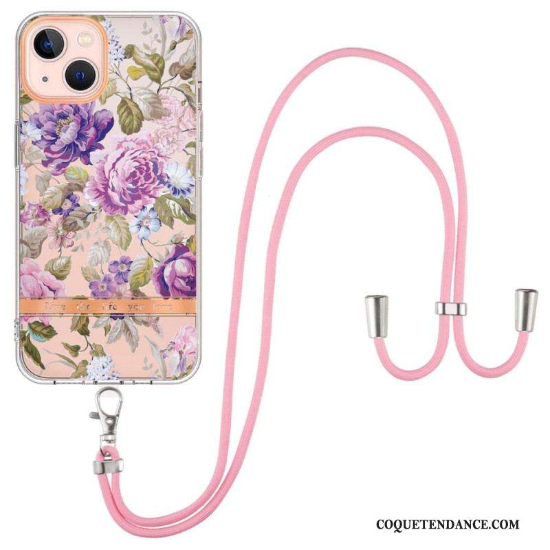 Coque iPhone 15 Plus à Cordon Fleurs