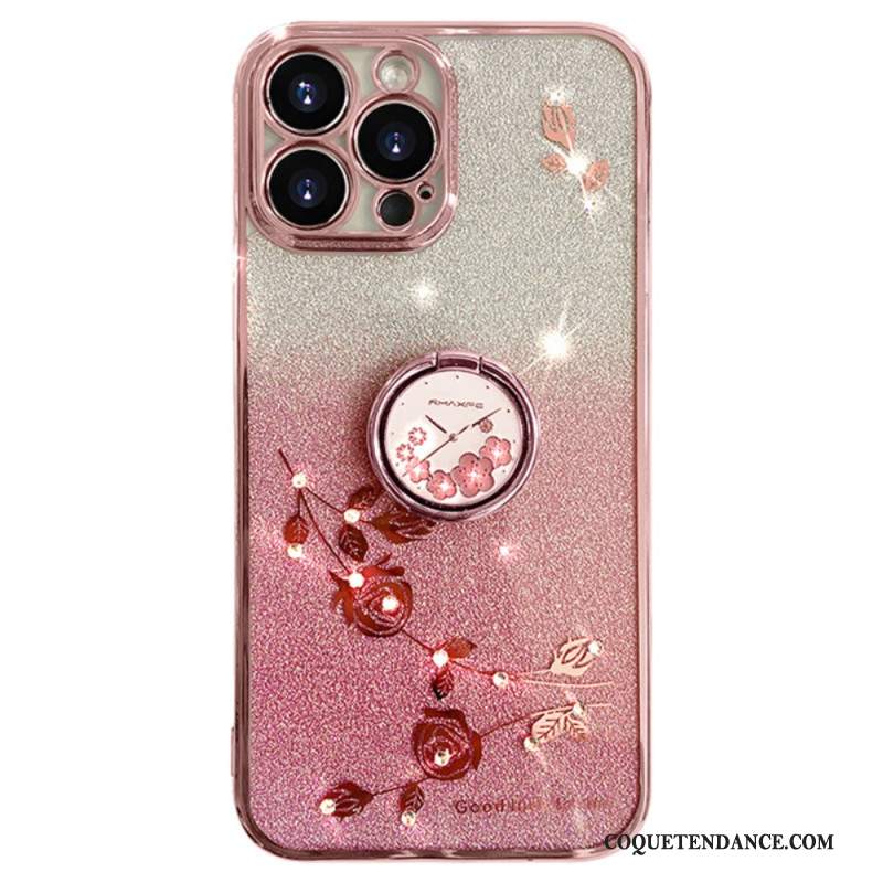 Coque iPhone 16 Pro Anneau-Support Fleurs et Strass KADEM