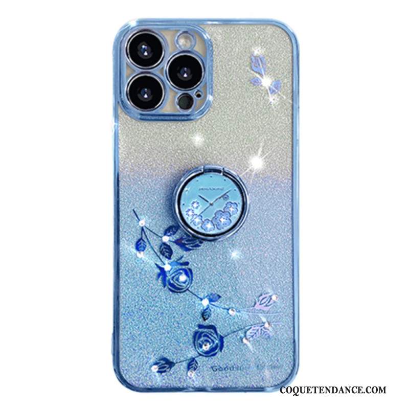 Coque iPhone 16 Pro Anneau-Support Fleurs et Strass KADEM