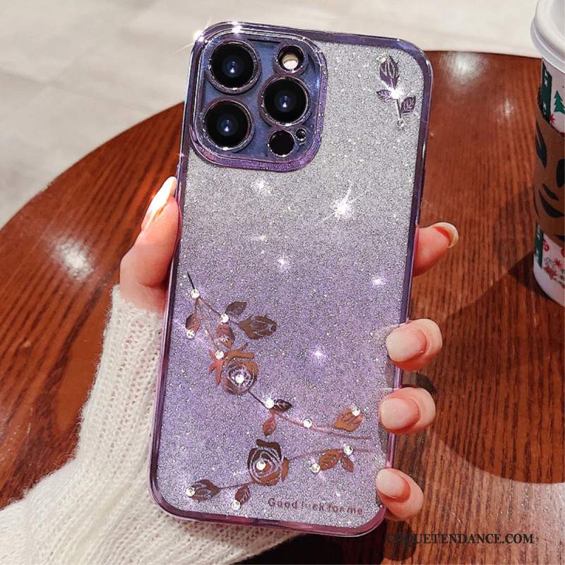 Coque iPhone 16 Pro Max, Coque avec Fleurs et Strass