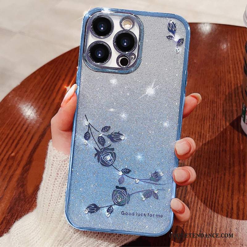 Coque iPhone 16 Pro Max, Coque avec Fleurs et Strass