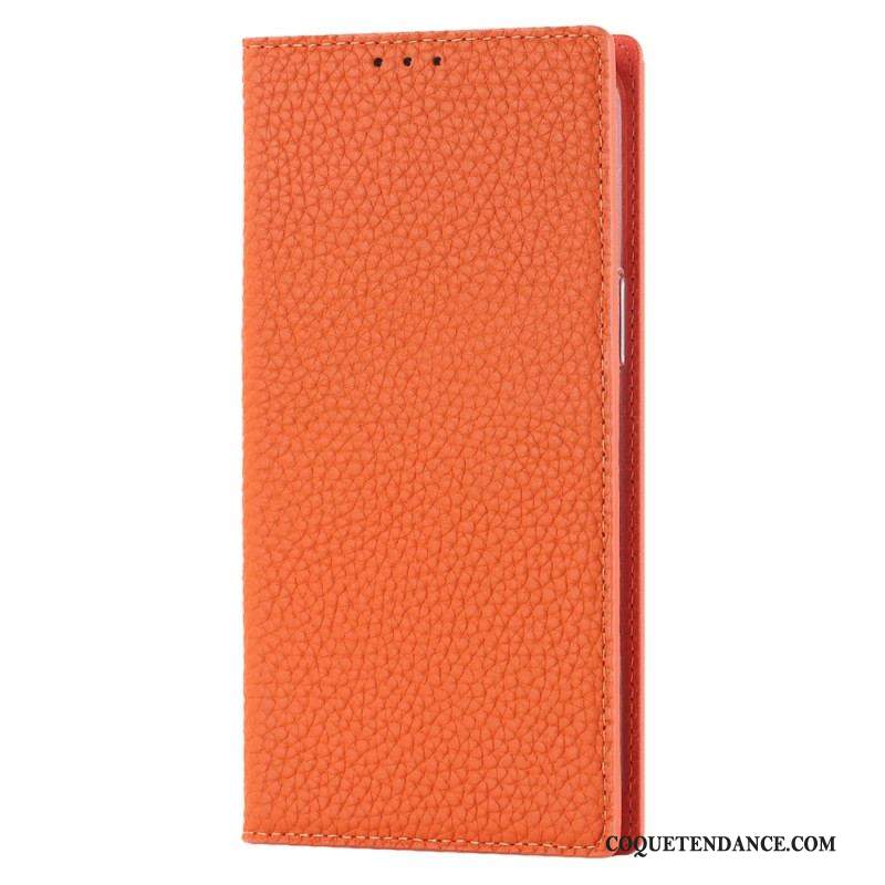 Flip Cover iPhone 14 Cuir Litchi Véritable à Lanière