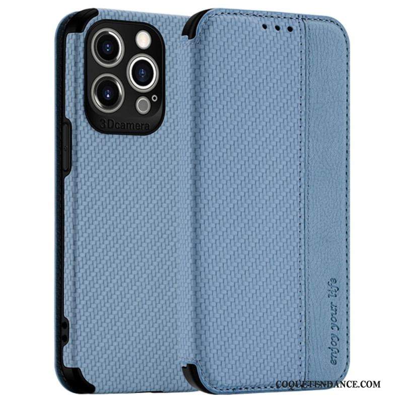 Flip Cover iPhone 14 Pro Max Fibre Carbone Fermoir Ventouse