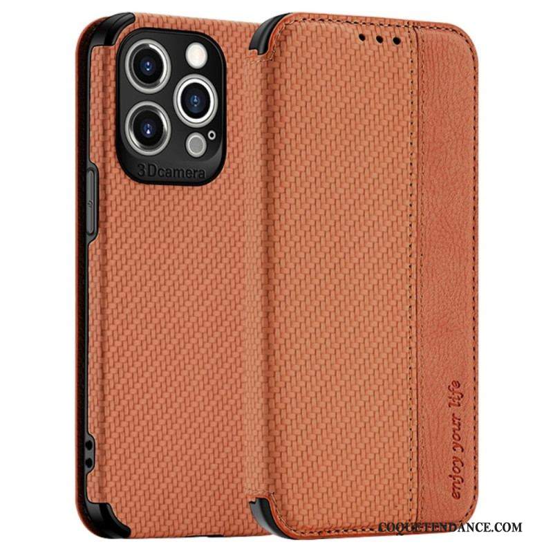 Flip Cover iPhone 14 Pro Max Fibre Carbone Fermoir Ventouse