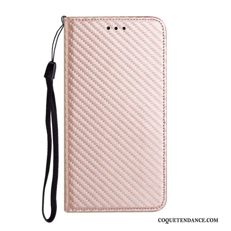 Flip Cover iPhone 15 Plus Fibre Carbone à Lanière