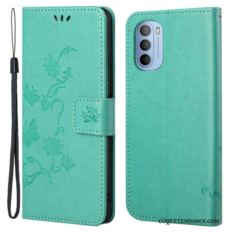 Housse Moto G41 / G31 Papillons et Fleurs à Lanière