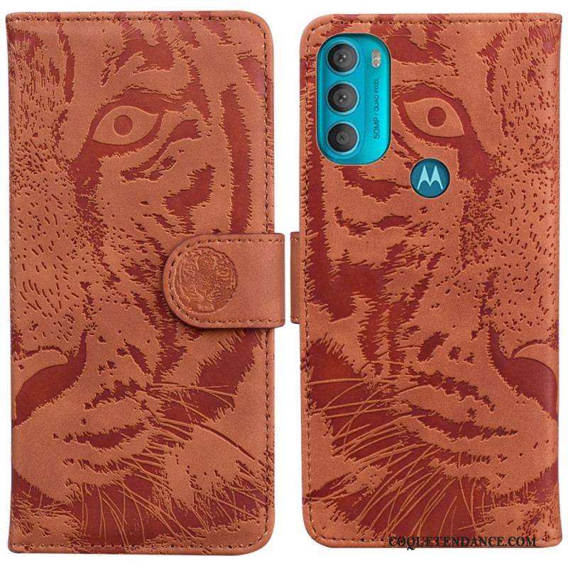 Housse Moto G71 5G Empreinte Face de Tigre