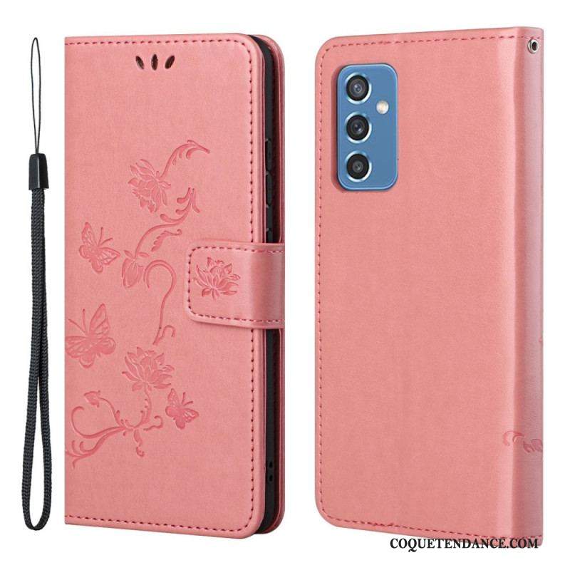 Housse Samsung Galaxy M52 5G Papillons et Fleurs à Lanière