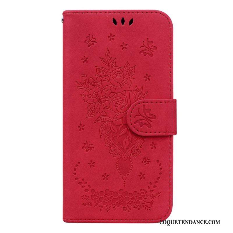 Housse Samsung Galaxy S23 5G Roses et Papillons à Lanière