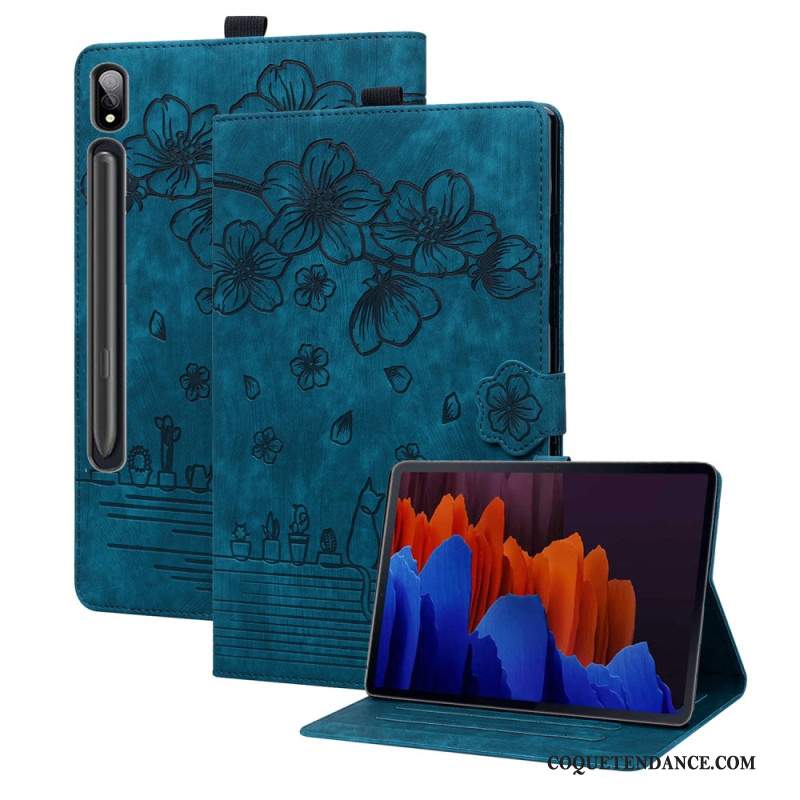 Housse Samsung Galaxy Tab S9 Plus Motif Chat et Fleurs