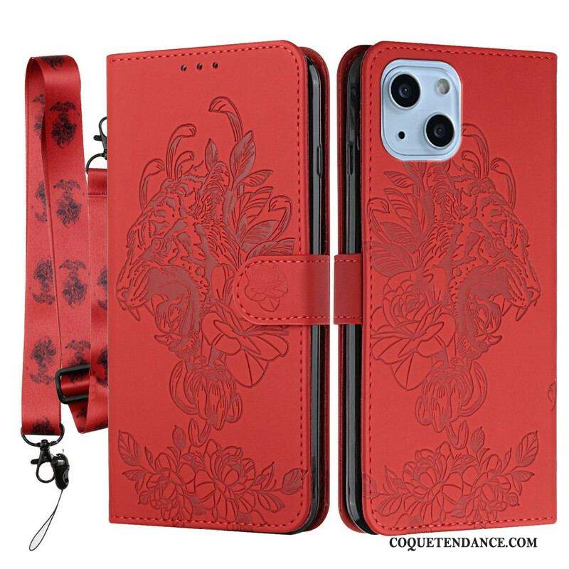 Housse iPhone 13 Mini Tigre Baroque à Lanière