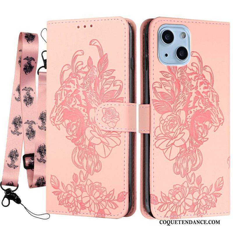 Housse iPhone 13 Mini Tigre Baroque à Lanière