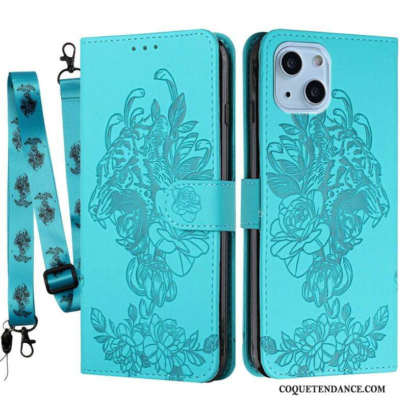 Housse iPhone 13 Mini Tigre Baroque à Lanière