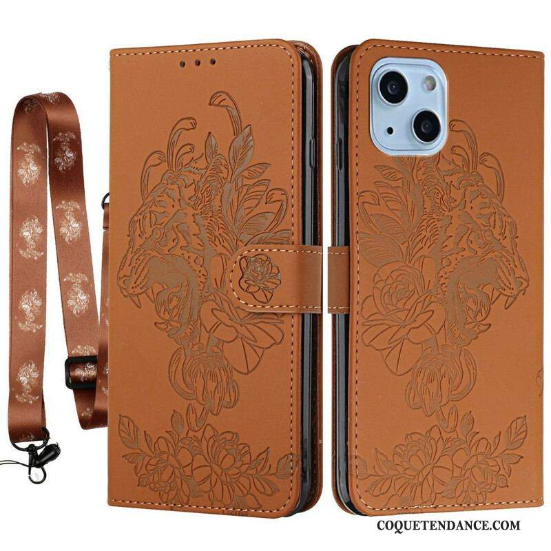 Housse iPhone 13 Mini Tigre Baroque à Lanière