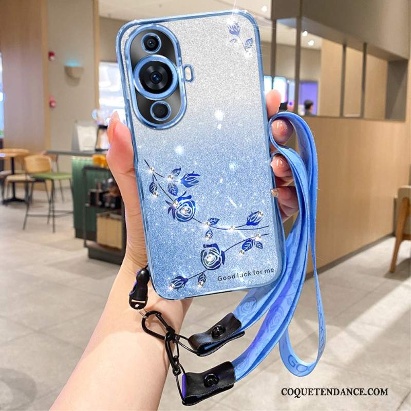 Coque Huawei Nova 12S Fleurs et Strass à Lanière KADEM