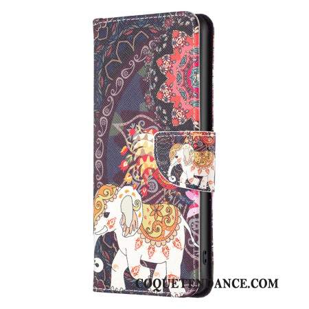 Coque Portefeuille avec Motif pour iPhone 16 Plus - Fleur et Éléphant