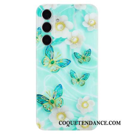 Coque Samsung Galaxy S24 FE Fleurs Blanches et Papillons Verts