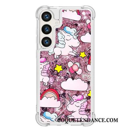 Coque Samsung Galaxy S24 Plus 5G Paillettes Liquides Licornes et Nuages