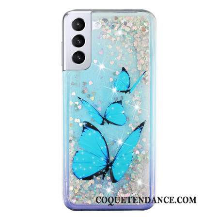 Coque Samsung Galaxy S24 Plus 5G Paillettes Liquides Papillons Bleus