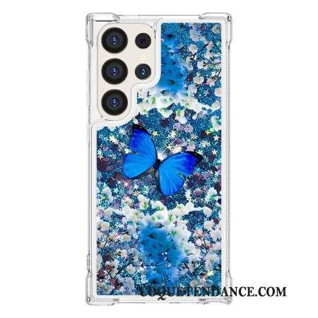 Coque Samsung Galaxy S24 Ultra 5G Paillettes Papillon Bleu