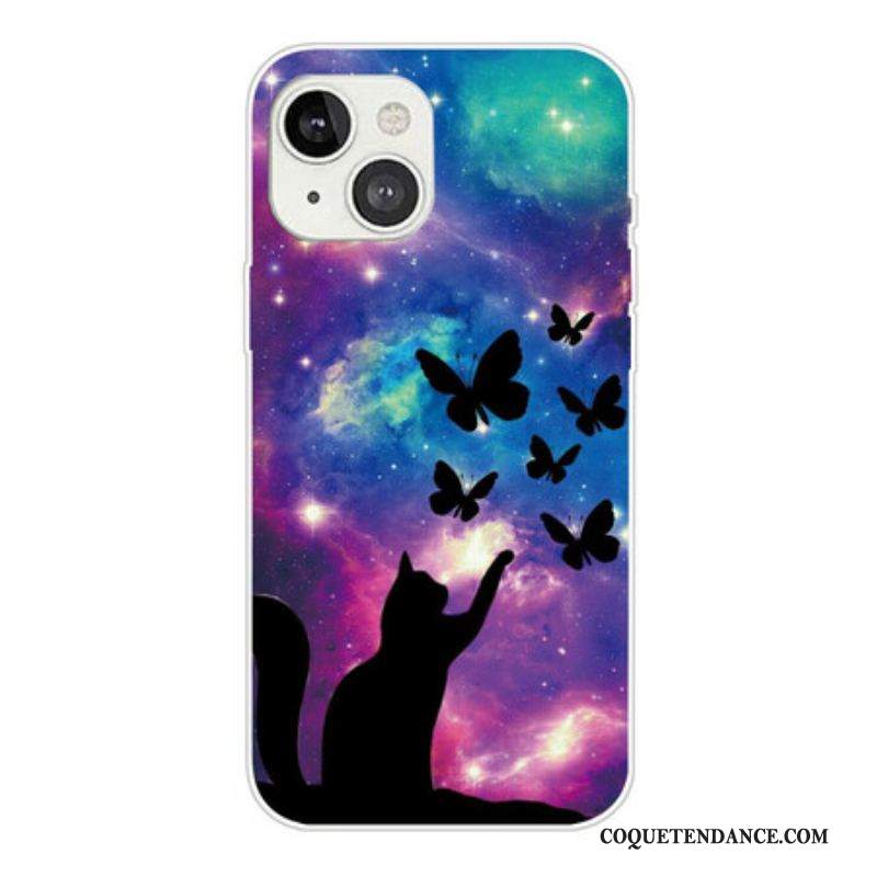 Coque iPhone 13 Mini Chat et Papillons Dans l'Espace