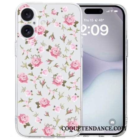 Coque iPhone 16 Bord Transparent Fleurs Roses