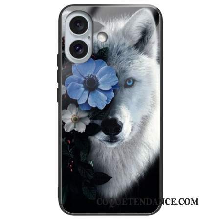 Coque iPhone 16 Plus Verre Trempé Loup et Fleur Bleue