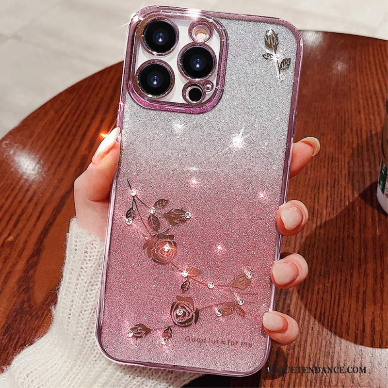 Coque iPhone 16 Pro Fleurs et Strass KADEM