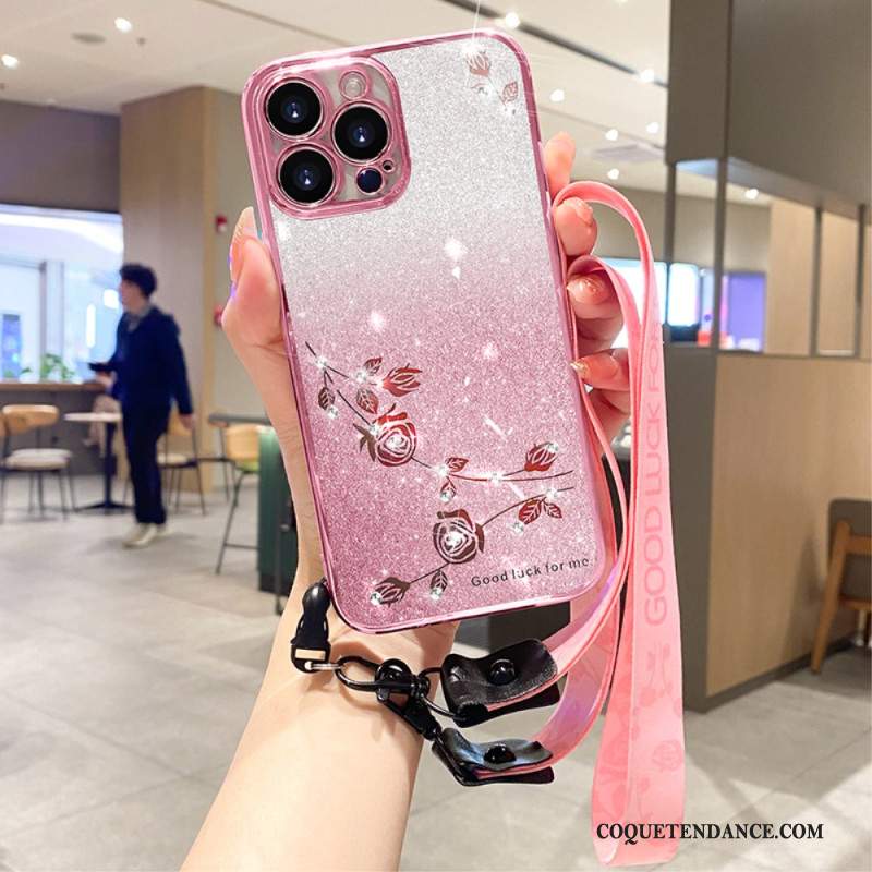 Coque iPhone 16 Pro Fleurs et Strass à Lanières KADEM