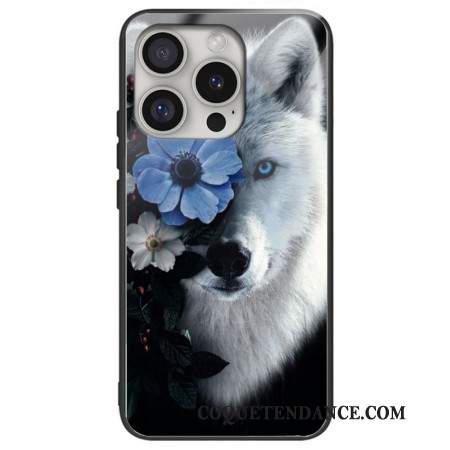 Coque iPhone 16 Pro Max Verre Trempé Loup et Fleur Bleue