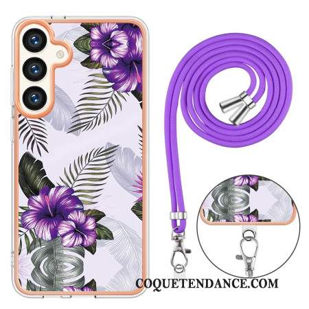 Coque à Cordon Samsung Galaxy S24 Plus 5G Fleurs Pourpres