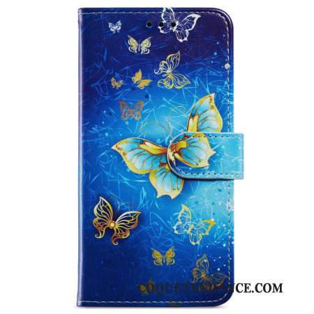 Housse Samsung Galaxy A55 5G Papillon Dorés sur Fond Bleu à Lanière