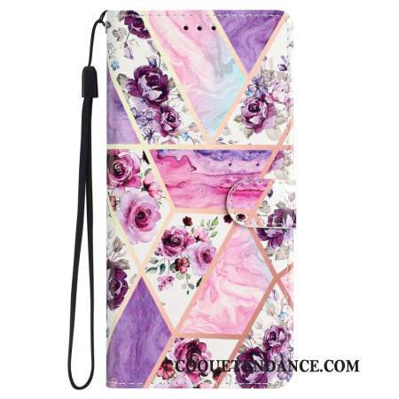 Housse Samsung Galaxy S24 5G Marbre Fleurs Violettes à Lanière