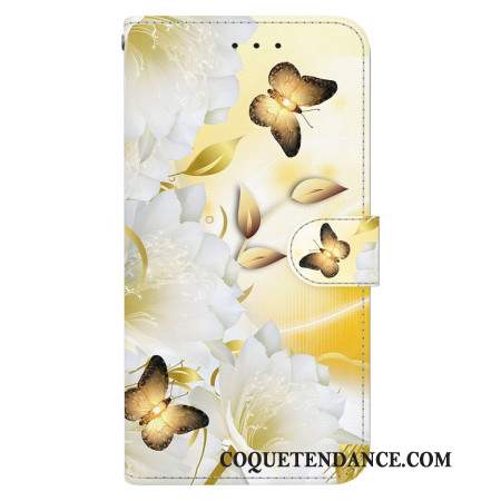 Housse Samsung Galaxy S24 5G Papillon Dorés et Fleurs à Lanière