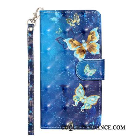 Housse Samsung Galaxy S24 5G Papillons Bleus et Dorés avec Lanière