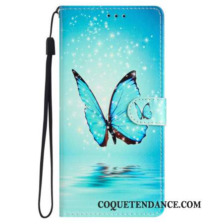 Housse Samsung Galaxy S24 5G Papillons Bleus à Lanière