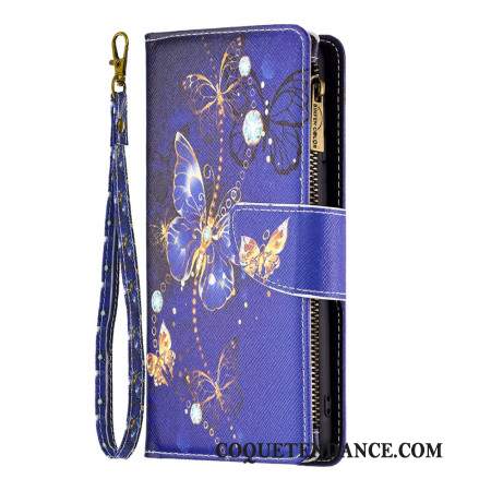 Housse Samsung Galaxy S24 5G Portefeuille Papillons Violets à Lanière